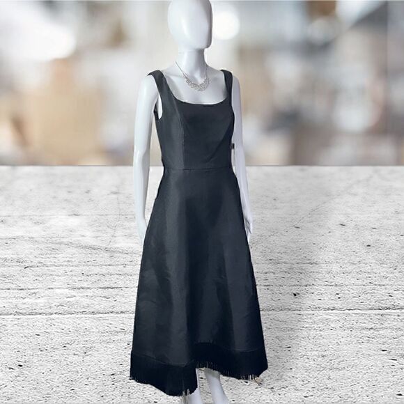 Kay Unger Black Sleeveless Fringe Bottom MIDI Dress - Picture 2 of 8